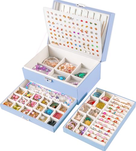 QBestry Earrings Jewelry Box for Girls, 5 Layers Jewelry Organizer with Earring Holder Organizer for Girls Earring Organizer Jewelry Boxes for Women Earrings and Necklaces Jewelry Box Organizer Blue - color: Blue, size: Large