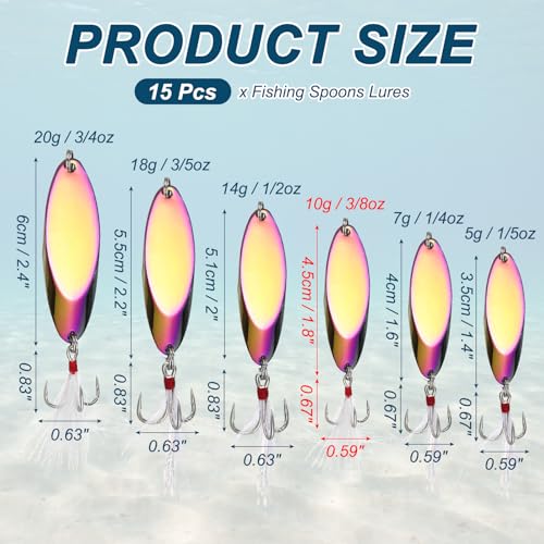 Fishing Spoons Lures, Metal Saltwater Treble Trout Lures Jigging Spoon with Treble Hooks Spinner Baits for Freshwater - color: Colorful, size: 10g / 3/8oz