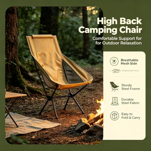 Wind Tour Portable Camping Chair Lightweight Foldable Outdoor Chair for Hiking Camp Backpacking Lawn Beach Fishing Picnic with Carry Bag (High-Back | Khaki) - color: High-back | Khaki
