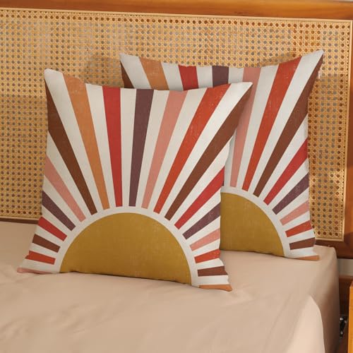 Summer Pillow Covers 16x16 Inch 2 Pcs Boho Red Brown Yellow Sunshine Outdoor Decor Throw Pillows Stripes Rainbow Sun Farmhouse Holiday Decoration Pillowcase Linen Cushion Cover for Couch Sofa - color: Boho Sun 02, size: 16" x 16" (Pack of 2)