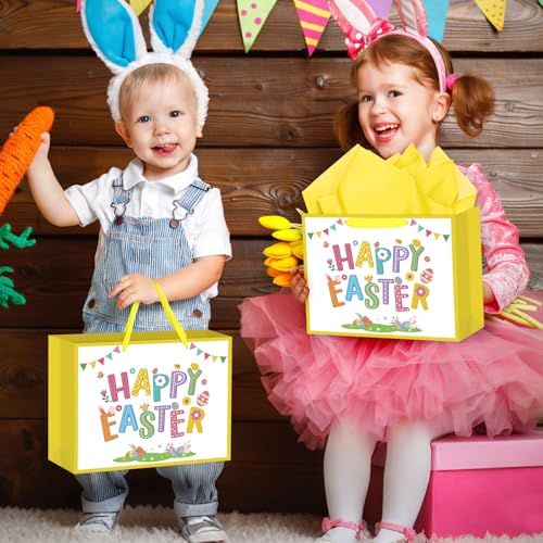 Hooqict Large Easter Gift Bag with Handles, Tissue Paper, Greeting Cards for Kids Easter Egg Basket Gift Bags Spring Birthday Goodie Treat Party Favors - color: Easter