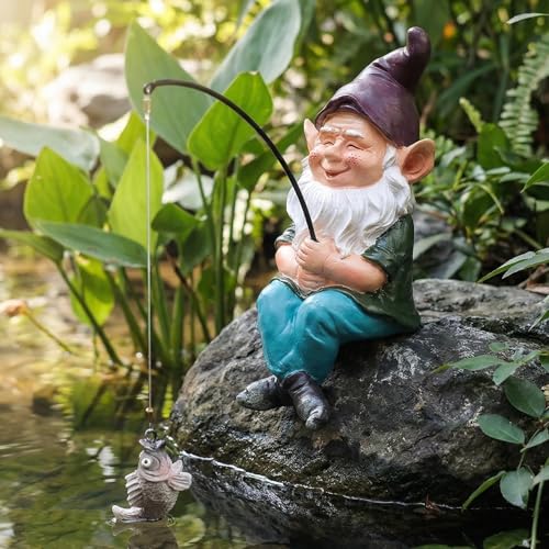 Garden Gnome Fishing Statue, 9.7" Koi Pond Decor with Glow in Dark Pebbles, Great Gift for Mom - color: Gnome Fishing With Luminous Stone