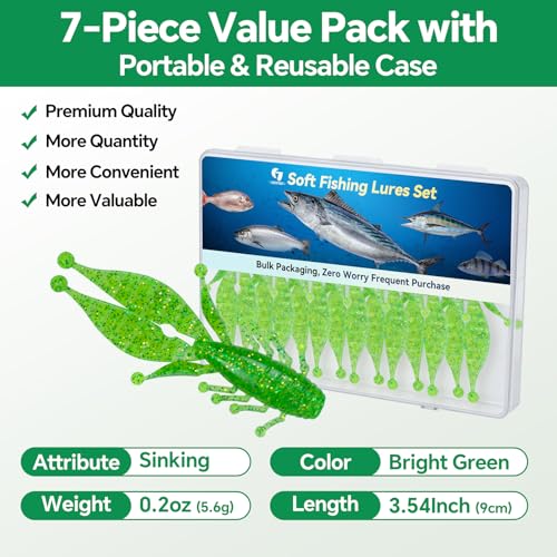 Clearance Bionics-Designed Durable Soft Plastic Fishing Lures Kit with Bonus Accessories, 3/4/5/6 Inch, 9-Type Lifelike Swimbaits in One Gear Set Included Tackle Box for Bass - color: Green