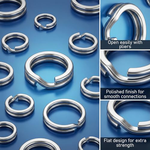 200 Pcs Fishing Stainless Steel Split Rings, 5 Sizes with Split Ring Pliers, Heavy Stainless Steel Splits Ring for Fishing and Lure Making, Saltwater Ready