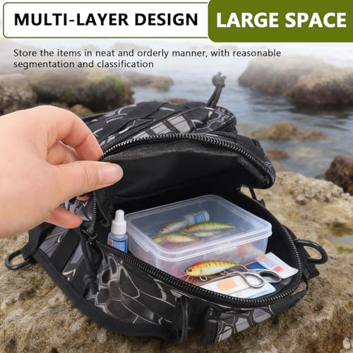 Fishing Backpack Small Fishing Tackle Storage Bag with 3 Methods of Carrying Large Capacity Sling Backpack for Outdoor Hiking Travel Hunting (Pythonskin Black) - color: Pythonskin Black