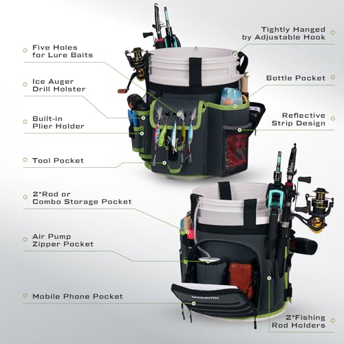 Boomistry Fishing Bucket Organizer for 5 Gallon Bucket, Dark Gray | 15 Multi-Pockets, 4 Built-in Rod Holder Storage, 3 Adjustable Buckles, for All Fishing Gear & Tackle Accessories - color: Dark Gray