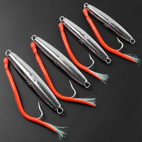 Diamond Jig Saltwater Fishing Lures Casting Jigging Spoon with Tube Tail Stainless Steel Hooks Trolling Lures Striped Bass Metal Jig for Deep Sea Surf Fishing Bottom Dragging Sinking - color: Red, size: 5 oz