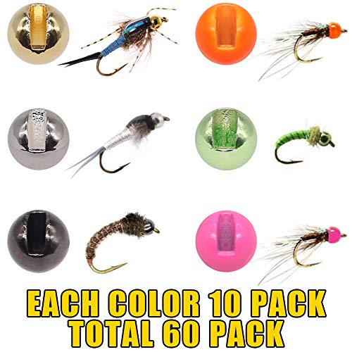 XFISHMAN Tungsten-Slot-Beads-Fly-Tying-Beads-Heads-Assortment Fly Tying Materials Nymph for Fly Fishing Slotted Tungsten Beads 60 Pack - size: 5/64"