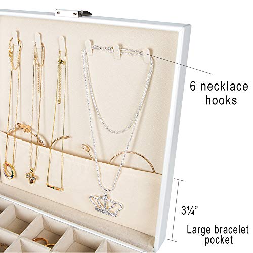 Frebeauty Earring Organizer Classic Jewelry Box 50 Slots Double Layer Jewelry Storage Case with 6 Necklace Hook and Bracelet Pocket(Pearl White) - color: White