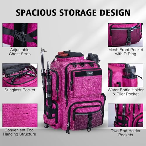 Goture Fishing Backpack,900D Water-Resistant Tackle Backpack with Rod Holders,45L Large Fishing Bag Storage Gear Tackle Bag with Rain Cover,Bottle Holder for Travel Camping Hiking(Without Tackle Box) - color: 45L Bling Pink with Bottle Holder