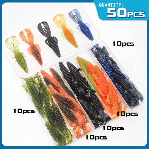Squid Swimbait Fishing Lures - Tail Octopus Jig Head Glow Soft Plastic Lures - Trout Bass Fishing Baits Kit - color: E-soft worms lures 50pcs 3.15in/0.16oz