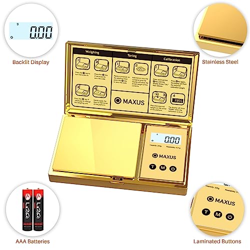 MAXUS Digital Gram Scale with 200g x 0.01g Capacity, Stylish Gold Plated Cover and Platform for Accurate and Precise Weighing of Jewelry, Grains, and Food in Grams and Ounces - color: Gold