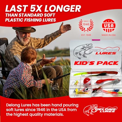DeLong Lures 20-Piece Fishing Lures Kids Pack - Easy to Use Pre Rigged Lure Kit for Bluegill, Bass, Crappie - Soft Plastic Baits - Perfect Tackle Box Kit for Young Anglers and Kids - Made in USA
