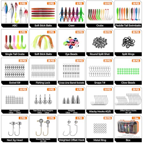PLUSINNO Bass Fishing Lures - Pro Tackle Box Kit for All Water, 307 pcs | Largemouth Smallmouth Bass Fishing Kit, Freshwater, Lake, 6 Pre-rigged Rigs for Ready to Use, Beginners Fishing Tackle - color: orange