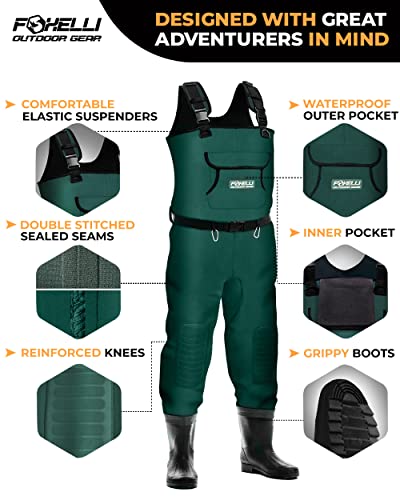Foxelli Chest Waders, Waterproof 4mm Neoprene Hunting & Fishing Waders for Men & Women with Boots - color: Green, size: 9