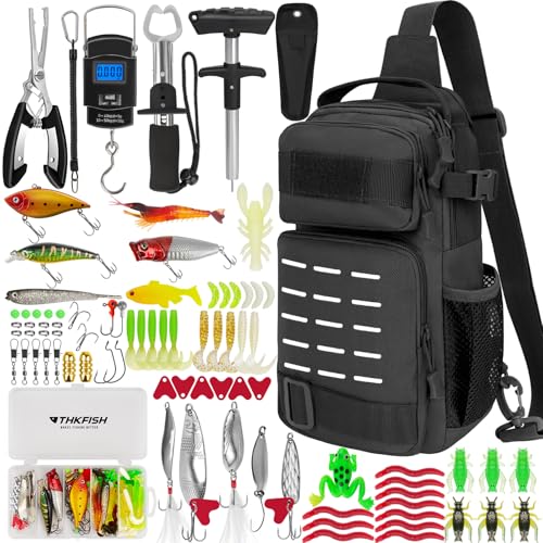 THKFISH 85Pcs Fishing Tool Kit, Fishing Backpack with Tackle Boxes Included, Fishing Tackle Kit Include Fishing Bait Lure Gear Kit, Fishing Pliers, Fish Hook Remover, Lip Gripper - color: Black 01