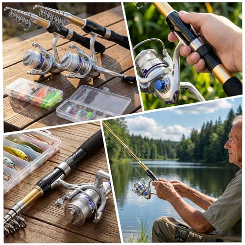Fishing Pole Set Fishing Rod and Reel Combo,2PCS 2.1M/6.89FT Collapsible Fishing Rod Set with 2PCS Spinning Reels 2 Set of Lures Baits and a Carrier Bag,Prefect for Fishing Travel