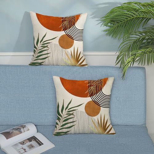 Boho Pillow Covers 18x18 Set of 2 Green Gold Orange Throw Pillows Tropical Leaves Sunset Decor Modern Mid Century Pillowcase Outdoor Decorations Bohemian Linen Cushion Case for Couch Sofa Bed - color: Orange-mid Century 1, size: 18" x 18" (Pack of 2)