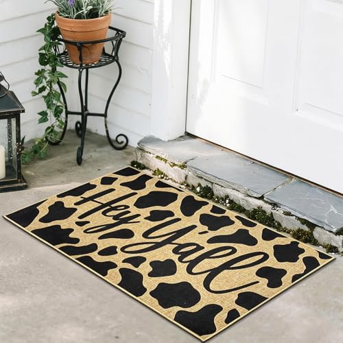 Hey Yall Welcome Door Mat Cow Print Funny Doormat Welcome Entrance Doormat Outdoor Indoor Farmhouse Front Door Mat Inside Outside Non Slip Carpet Rug Washable Doormat for Patio Porch Hallway - color: Cow Print B