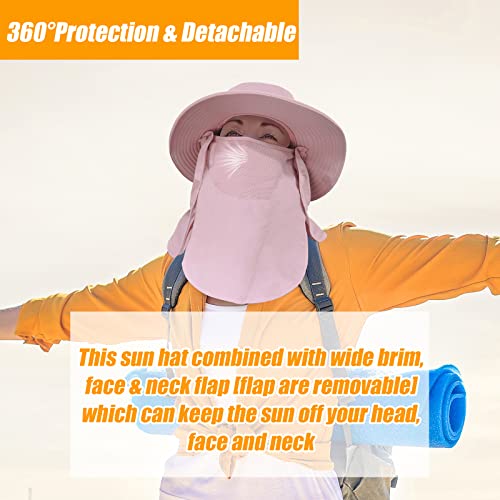 Fishing Hat for Men & Women, Outdoor UV Sun Protection Wide Brim Hat with Face Cover & Neck Flap - color: Pink