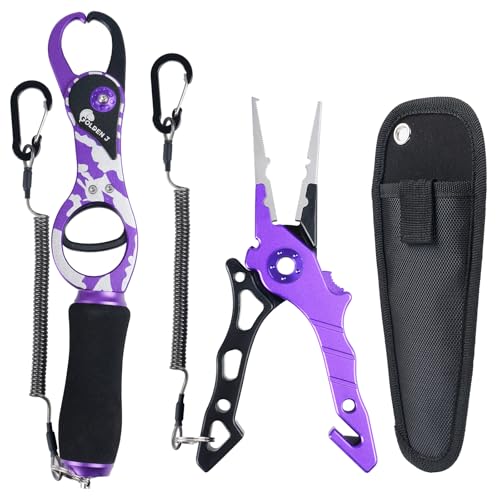 Golden J Fish Lip Gripper & Multi-Function Fishing Pliers Set - High-Strength Aluminum & Stainless Steel, Hook Remover, Split Ring Pliers, Line Cutter, Ideal for Ice, Surf, Lure Fishing