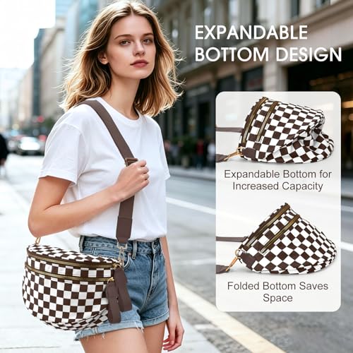 Checkered Nylon Crossbody Bag Bum Bag for Women Mom Large Checkered Fanny Packs with Adjustable Strap - color: Brown Checkered