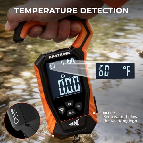 KastKing Weighmaster Mechanical-Digital Fishing Scale, 120 lb Capacity, 2.5" Backlit Display, High-Precision Sensor, 9 Weight Memory, Temperature Detection, IPX6 Waterproof, Fishing Gifts - style: B: Orange