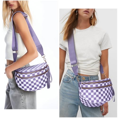 Checkered Crossbody Bum Bags for Women Nylon Checkered Purse Checkerboard Fanny Pack - color: A10-cloud Purple
