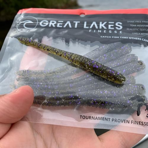 Drop Worm - 4" - Finesse Smallmouth Bass Fishing - Dropshot - Ultra Realistic - Matte Finish - Neutral Buoyant Soft Plastic - color: Green Pumpkin Purple Flake