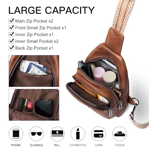 LATMAP 7L Sling Bag for Women Men Crossbody Belt Bag Small Travel Sling Backpack Anti Theft Chest Daypack Purse Faux Leather - color: Brown