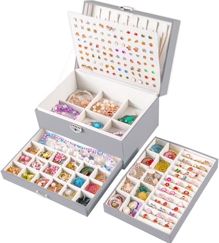 QBestry Earring Jewelry Box for Women Girls Stud Organizers, 5 Layers Grey Jewelry Organizer Box with Lock Necklaces and Earrings Holder Jewelry Box with Earring Organizer for Women Girls Xmas Gifts - color: Grey, size: Large
