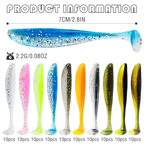 Fishing Soft Plastic Lures | Paddle Tail Swim Baits, Swim Baits for Bass Fishing, Paddle Tail, Crappie Lures - color: F-100PCS