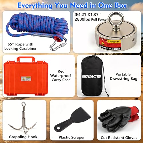 MUTUACTOR Super Strong Fishing Magnet Kit,Φ4.21” Double Sided Heavy Duty Neodymium Magnet,2800lbs Permanent Rare Earth Magnets Fishing with 65FT Rope Gloves for Hunting Retrieval Underwater Searching - style: 2800lb Magnet(Double Sided) with Box--Φ 4.21"