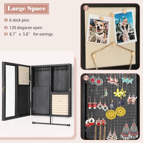 Keebofly Wall Mounted Jewelry Organizer With Rustic Wood Large Space Jewelry Cabinet, Holder, Storage Box for Necklaces, Earrings, Bracelets, Ring Holder, and Accessories Black - color: Black