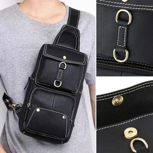 Genuine Leather Sling Bag for Men Women Shoulder Backpack Satchel Crossbody Chest Casual Outdoor Daypack - color: #03black