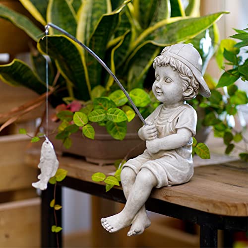 Goodeco Fisherboy Statue Garden Decor - 11" Little Fishing Guy for Koi Pond or Waterfalls, Poolside Statue with Glow in Dark Pebbles Included, Great Gifts for Mom, Women or Birthdays, Gift Ideas - color: Fisherman