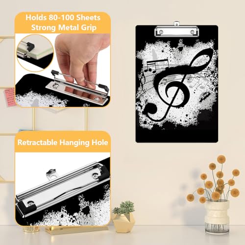 Black Music Note Clipboard, Decorative Clip Board with Metal Clip Cute Plastic Clipboards A4 Standard Size 8.5" x 12.5" for Nurses, Students, Office - color: Music
