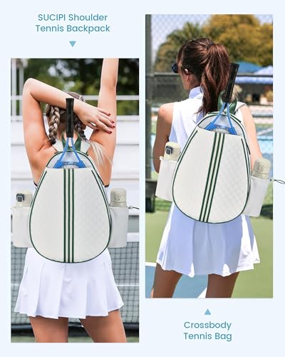 Sucipi Tennis Bag, Quilted Tennis Sling Crossbody Backpack, Water Resistant Tennis Racket Bags for Women Men, Suitable for Pickleball Tennis Badminton - color: White Green, size: Medium