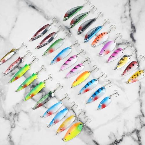 Fishing Spoons Lures Kit,30pcs Hard Metal Fishing Spinner Baits Trout Lures Casting Trolling Trout Spoons Fishing Lures with Treble Hooks for Bass Salmon Pike Walleye
