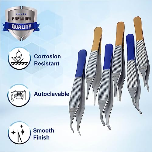 Set of 6 Adson Dressing Tissue Brown Forceps 4.75", Straight and Curved - Premium Quality Stainless Steel (A2Z BRAND)