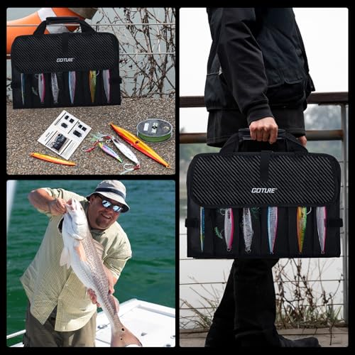 Goture Fishing Jig Bag,20 Mesh Pockets Portable Water-Resistant 600D PU Fishinig Lure Bag Saltwater Freshwater Suitable For Max 10" Length Vertical Jig Slow Pitch Jigging Bait Storage (16.92"x11.81") - color: B:16.92”x11.81”