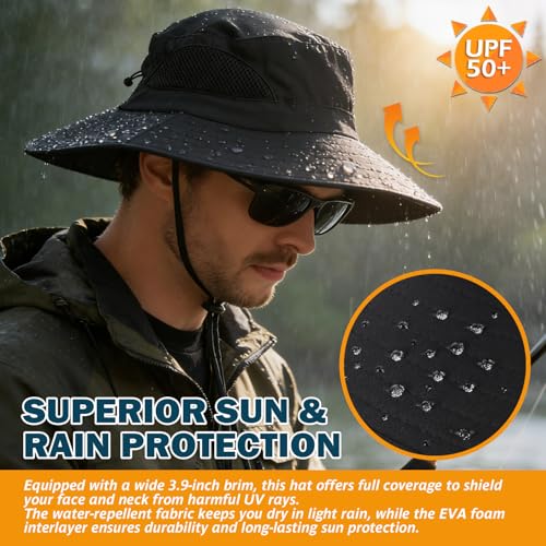 Wide Brim Sun Bucket Hat, Waterproof Boonie Hat for Men & Women | UPF 50+ UV Protection, Adjustable Fit, Chin Strap & Sweatband, Foldable Durable for Fishing Hiking Garden Beach - color: 01 Black