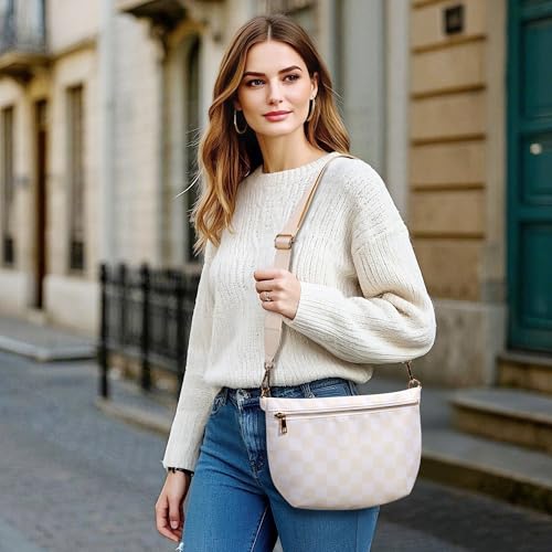 KALIDI Checkered Crossbody Bags for Women Travel Flat Fanny Packs for Woman Men Nylon Cross Body Purse Fashion Belt Bum Bag - color: Beige Checkered