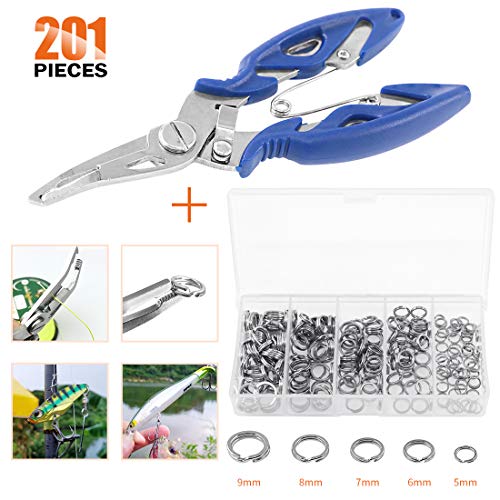 201 Pcs Stainless Steel Fishing Split Rings 5 Sizes Double High Strength Lure Tackle Connector kit with Fishing Pliers Fish Hook Remover Fishing Tackle for Freshwater and Saltwater