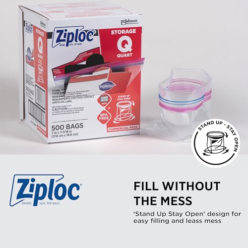 SC Johnson Professional, Ziploc Storage Bags, For Food Organization and Storage, Double Zipper Seal, Easy-Open Tabs Quart, 500 Count - size: 1 Quart