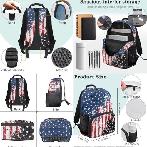 American Flag Backpack for Boys 4 Pack School Bag Rucksack with Reusable Lunch Bag Water Bottle Carrier Bag Pencil Case Set - color: American Flag