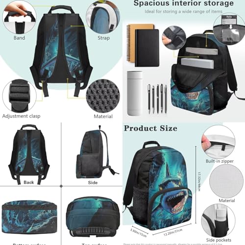 Shark Backpack and Lunch Box Set 4 PCS Schoolbag Book Bag with Insulated Lunch Bag Box Pencil Case Water Bottle Holder Carrier Sling Bag - color: Shark