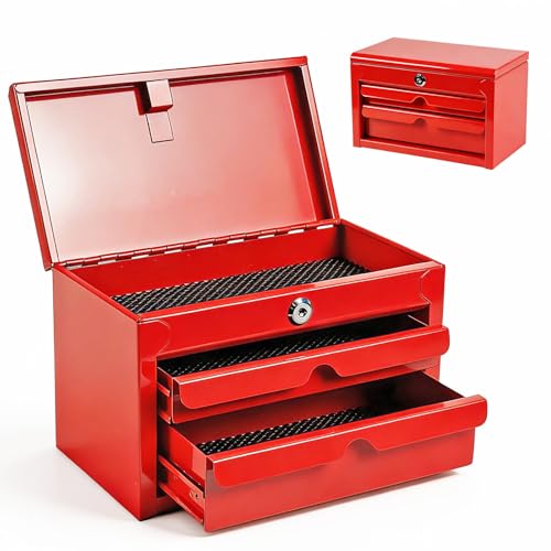BIG RED Mini Steel Tool Box with Drawer, Small Metal Tool Box Organizer | Lockable Top Storage, Multi-Purpose Portable Tool Box Organize for Desk, Home, Garage, desk or Workbench, Red - color: Red, size: 10.7 Inch