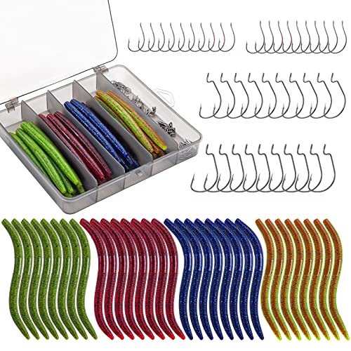 Goture Wacky Worm Fishing Lure Kit with Soft Plastics, Wacky Rig Tools, O-Rings, Worm & Drop Shot Hooks, Beads, Weights & Tackle Box - color: A-72pcs Wacky Worm Tool Kit(4" Soft Worm)