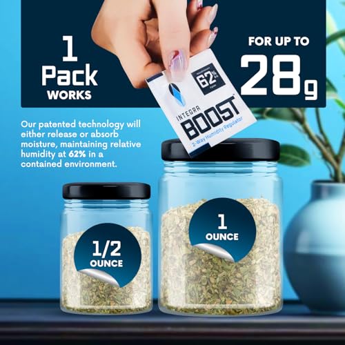 Integra Boost 62% RH, 2 Way Humidity Control Packs – 8g Size for Storing 1 oz – Pack of 144 Moisture Absorbers for Small Jars & Containers – Humidifier Packets for Herbs, Spices in Retail Display Box - size: Pack of 144